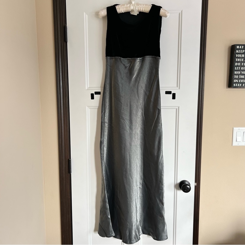 Vintage Maurices Black Velvet Metallic Gray Prom Dress Womens 3/4 Goth Hoco 90s
